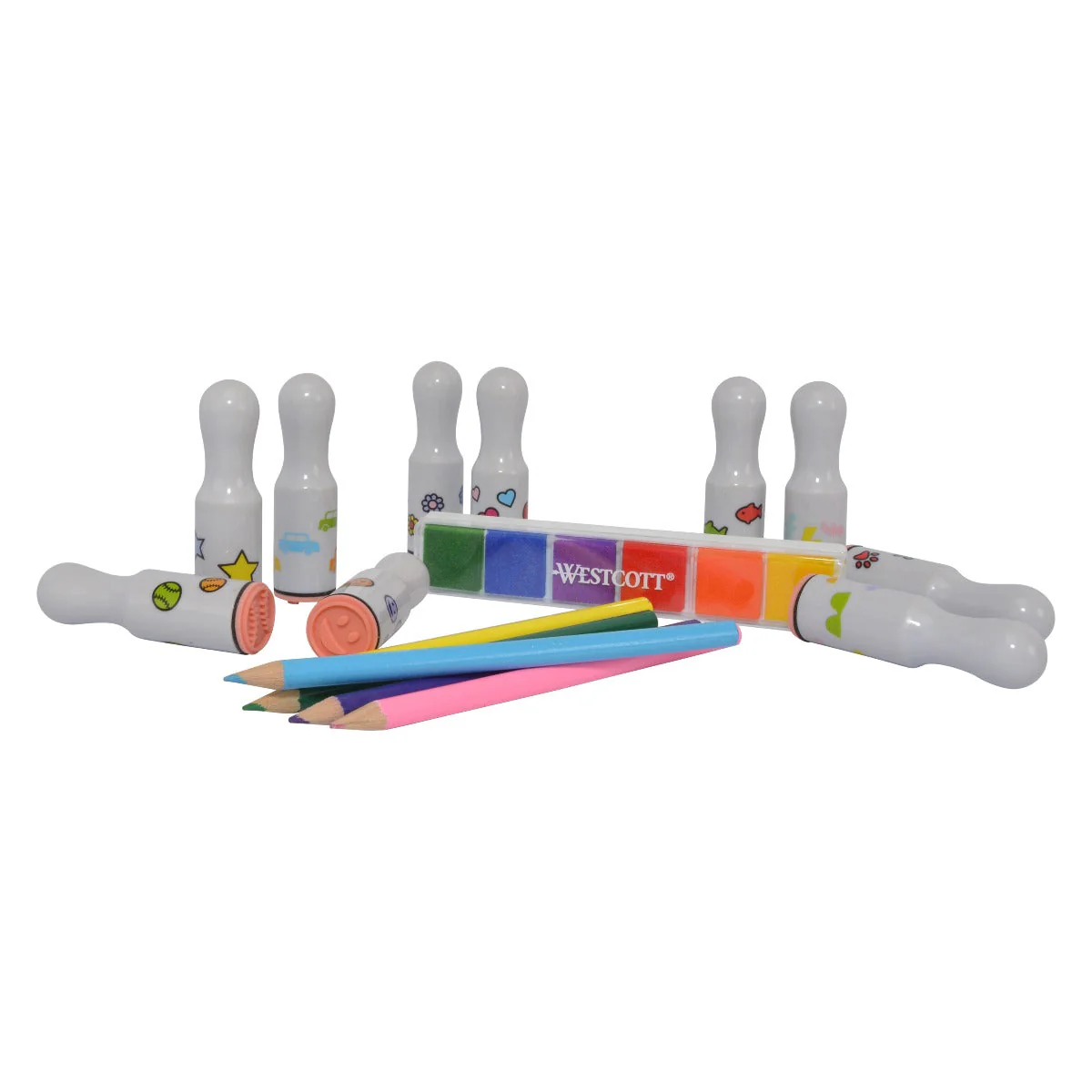 Westcott 16-Piece Stamp Set, Includes 10 Stamps, Colored Pencils and Multi-Color Ink Pad (17972) - Image 2